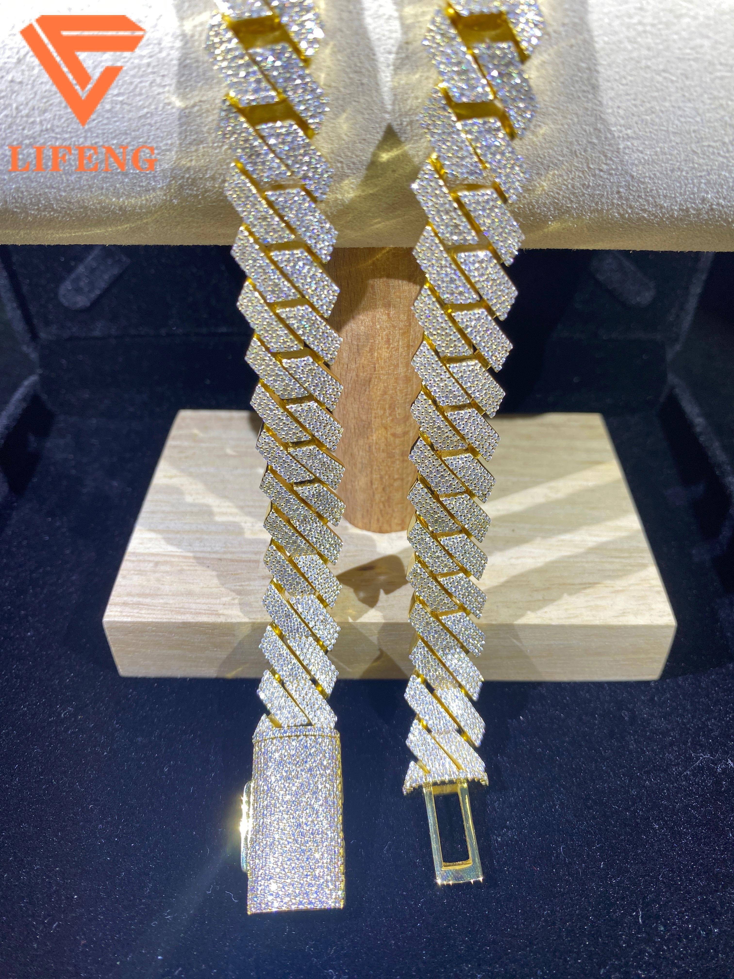 Mens 14k 18k Gold Plated 15mm 4-Rows Miami Cuban Link Necklace 925 Silver Hip Hop Jewelry Passes Diamond Test GRA Certificate