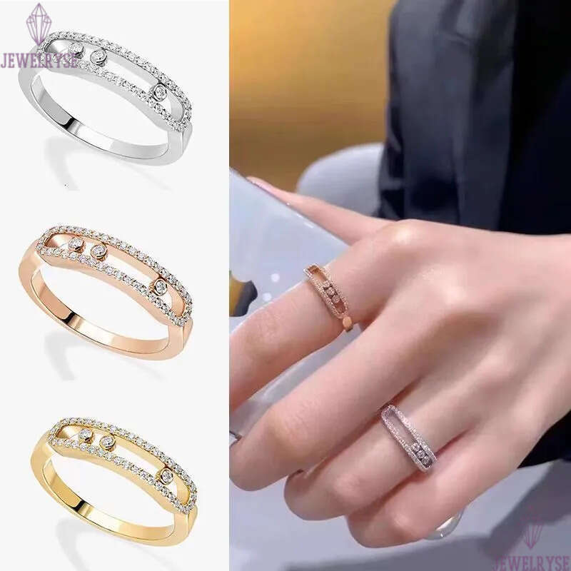 18K rose gold bling diamond 3 bead stone slide for women mens cz zircon shine crystal love nail rings bride wedding lovers couple ring jewelry gift