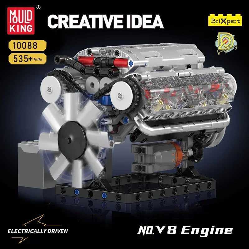 Mould King 10088 MOC Motorized NO V8 Engine Model Building Blocks Set Technincal Electrically Driven Toys Kids Gift 535pcsT251210