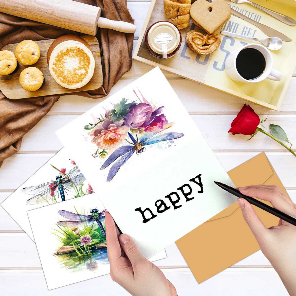 12pcs Watercolor Esign Dragoy Flower Greeting Cards With Envelopes For Thank You Gifts Birthday Congratation Wedding H251210