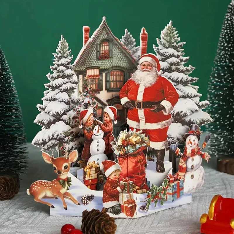 3D Christmas Card Night Before Christmas Scene With Santa Reindeer Snowy Village Moonlit Sky Festive Holiday Greeting Card F H251210