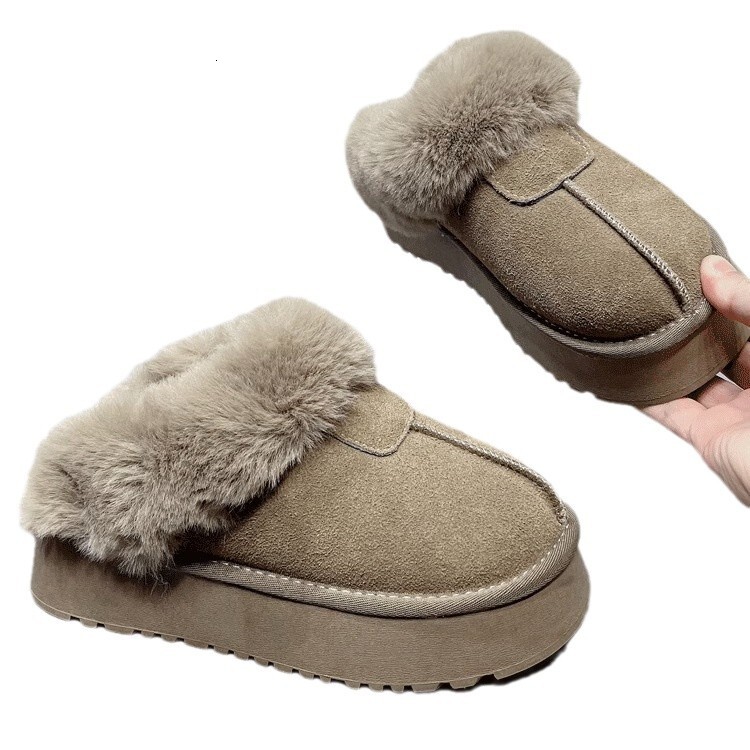 Designer Shoes Thick-Soled Snow Boots Women Winter Platform Sole Closed-Toe Height-Increasing Furry Slippers Thickened and Fleece-Lined for Outdoor We