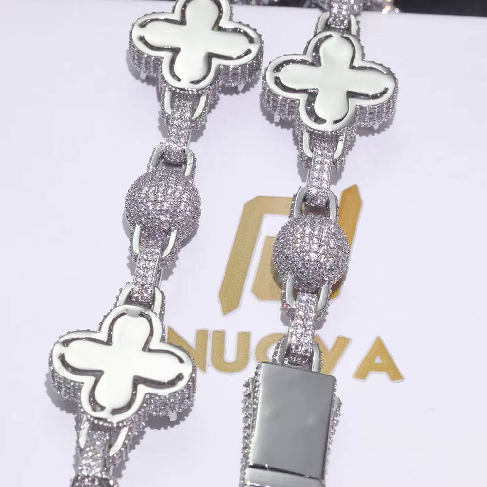NUOYA Iced Out Four Leaf Clover Spherical Cuban Link Chain Bracelet Gold Silver Plated Diamond Zircon Hip Hop Jewelry