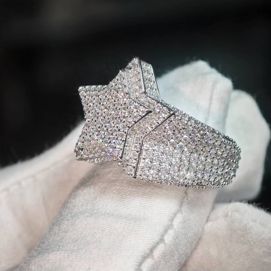 VVS Hip Hop Mens Moissanite Cluster Double Five-Point Star Ring 925 Sterling Silver Passes Diamond Tester Fine Jewelry