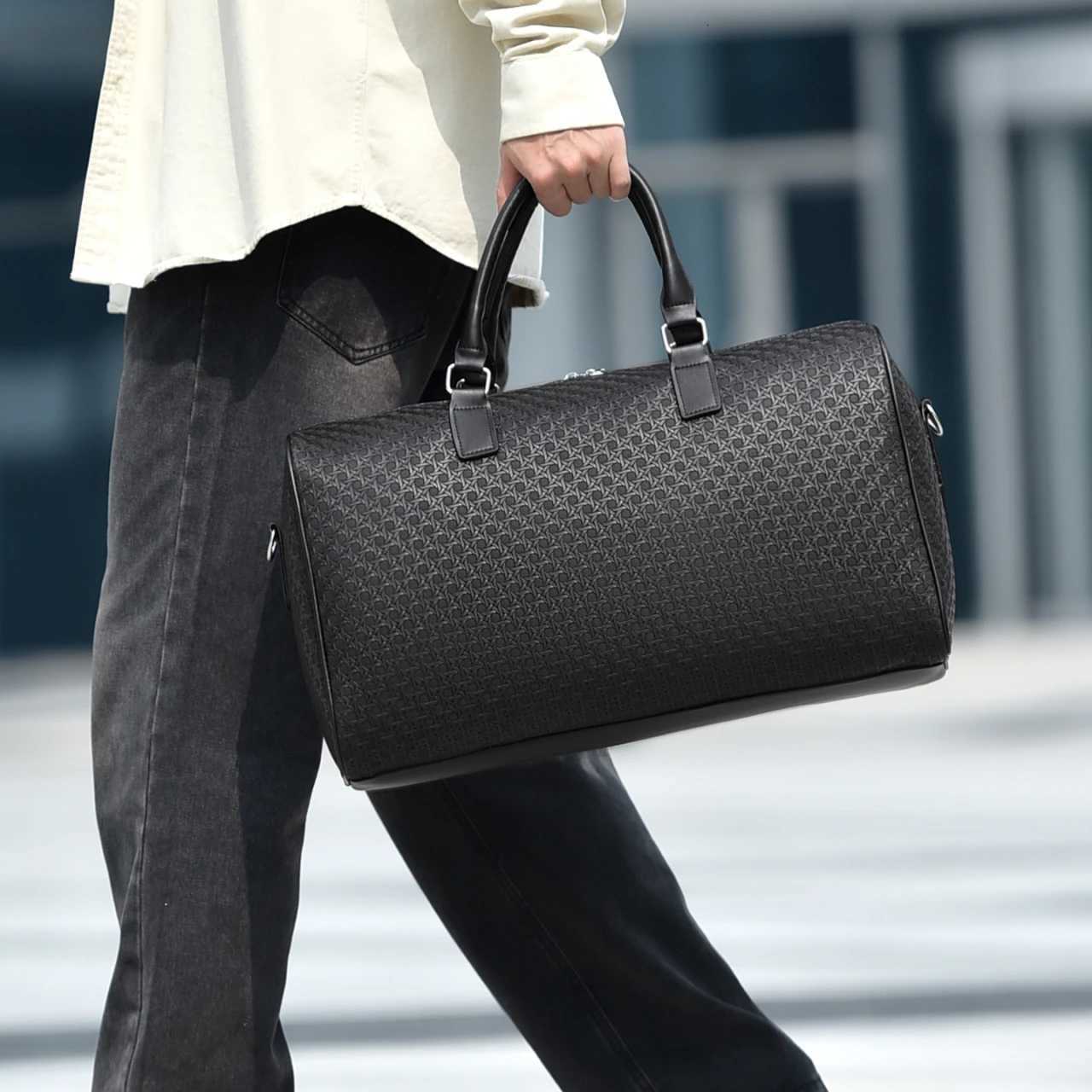 Fi Black PU Leather Travel Duffle Bag Mens Large Capacity Business Travel Lage Bag Minimalist Waterproof Weekender Bag Y251209