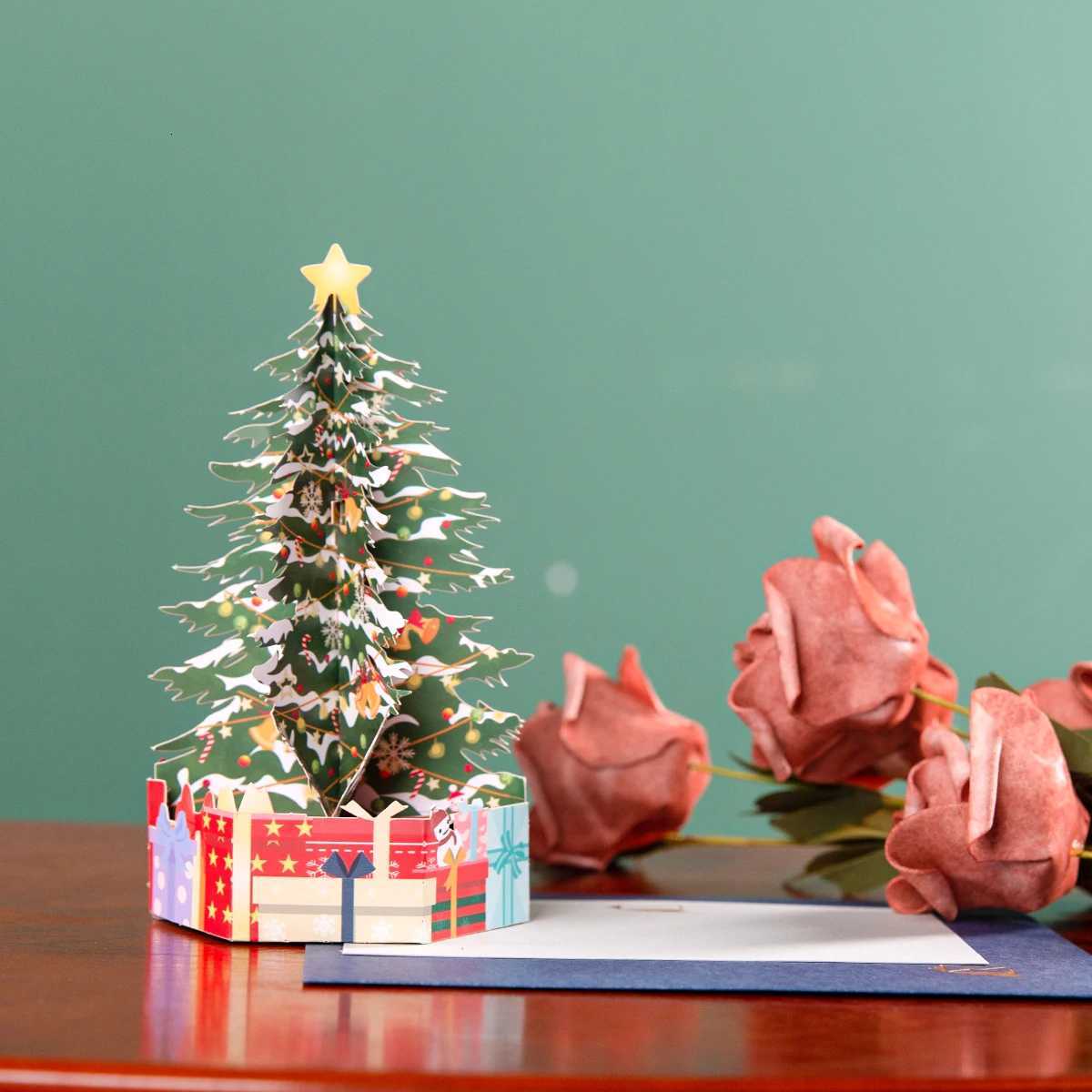 Merry Christmas Cards Christmas Tree Winter Gift -Up Cards Christmas Decoration Stickers Laser Cut New Year Greeting Cards H251210