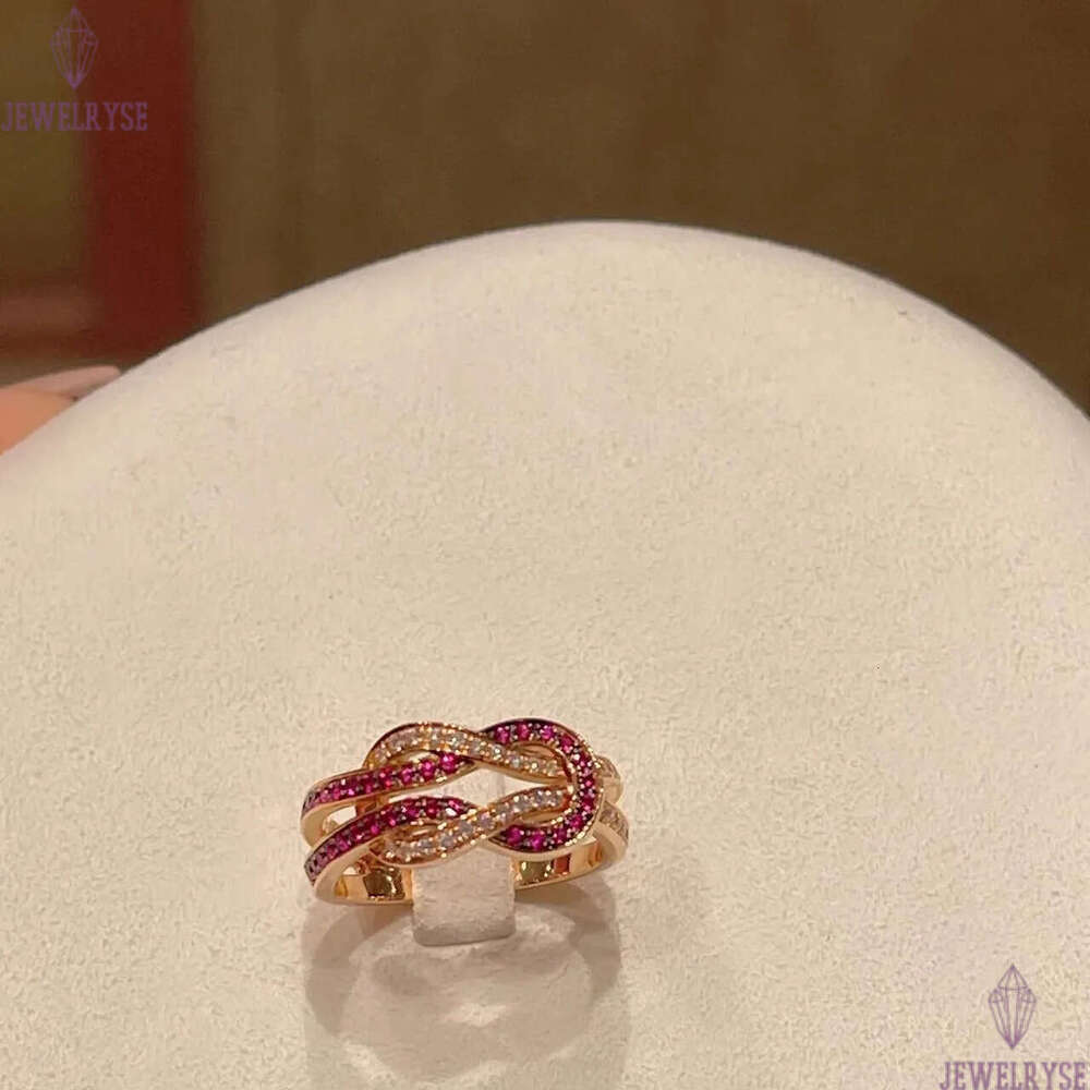 Luxury classic twist designer for women girls lovely charm red stone zircon letters 18k rose gold elegant wedding engagement ring jewelry
