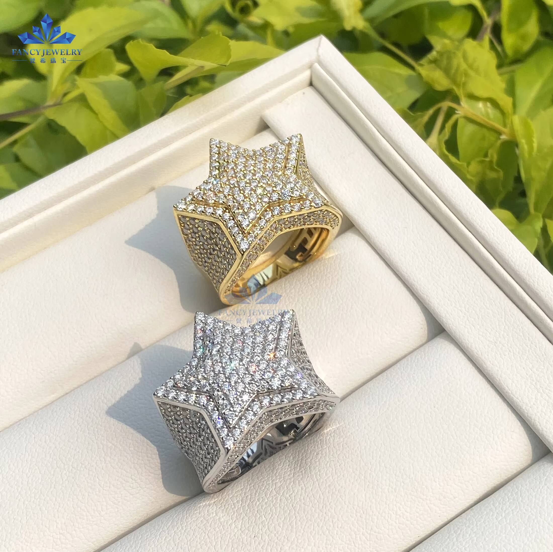 Dropshipping 925 Sterling Silver Lab Grown VVS Moissanite Diamond Fine Hip Hop Jewelry-2 Layers Star Ring for Men and Women