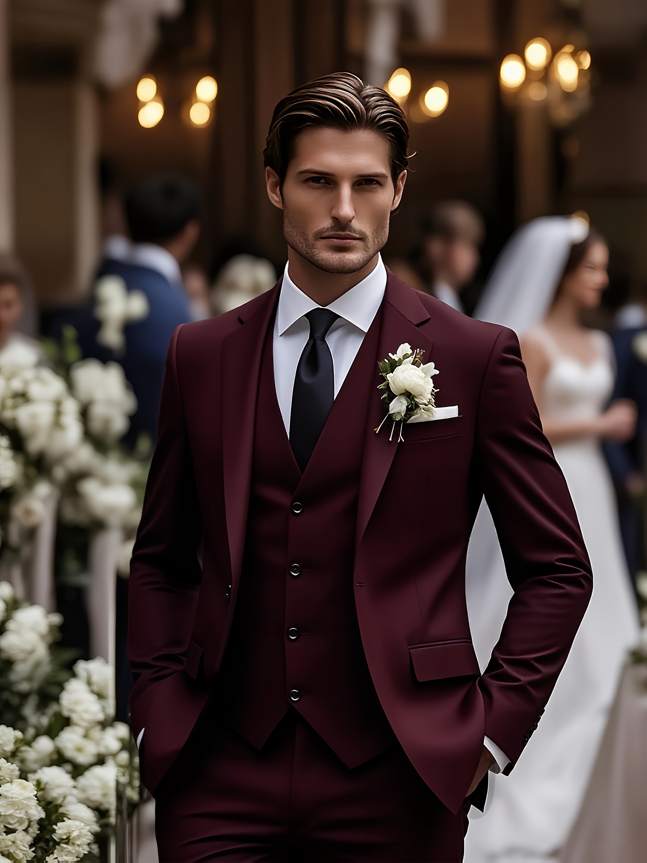 Men's Suits Men's Navy Slim-Fit 3-Piece Peak Lapel Suit - Formal Groom Blazer Vest Trousers for Wedding & Business