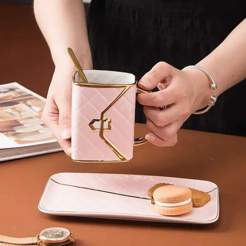 Bag Shaped Coffee Mug Luruxy Aesthetic Cup Ceramic Handbag Shape Tea Mug Saucer Set Dessert Afternoon Water Cup Drinkware Gift C251210