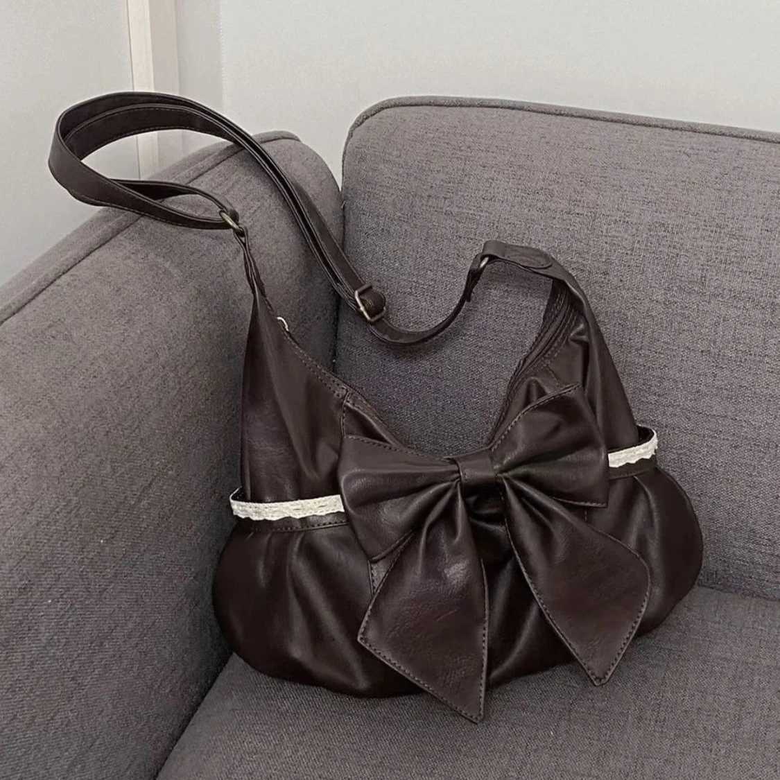 Japanese Fi Cute PU Leather Large Bow Y2k Large Capacity Tote Bag Shoder Bags Wallet Storage Bag Wan Bags Y251209