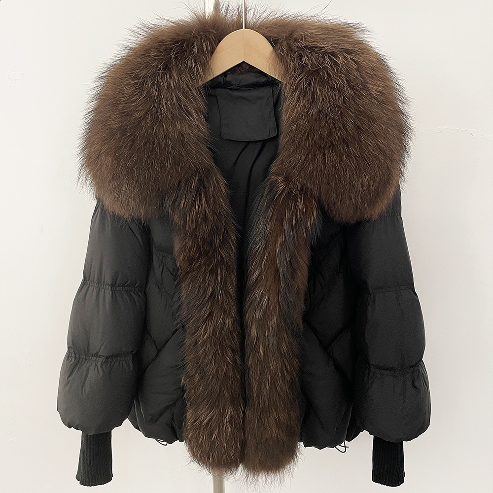 OFTBUY 2025 Winter Large Real Raccoon Fur Puffer Coat Women Oversized Feather Down Parka Knit Sleeve White Duck Down Jacket250918