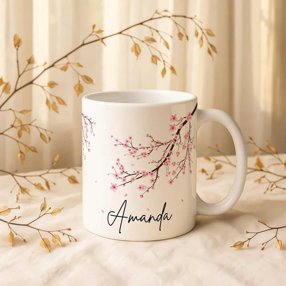 Customized Name Ceramic Mug Personzed Cherry Blossom Design Coffee Cup Pink Flower Mug Christmas Gift for Mom or Friend C251210
