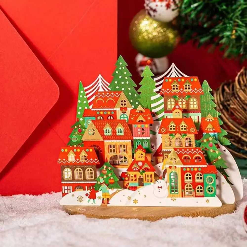 Paper Christmas 3D Greeting Card Gold Plated Craft Merry Christmas Blessing Cards Up Ornaments Paper Carving Postcard Gift H251210