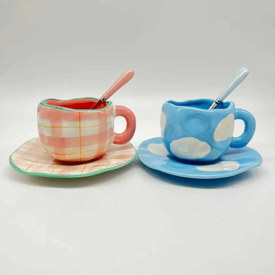 300ML 10OZ Korean Style Kawaii Cute Ceramic Mugs Handmade Flower Pattern Breakfast Coffee Milk Cup with Dish and Spoon C251210