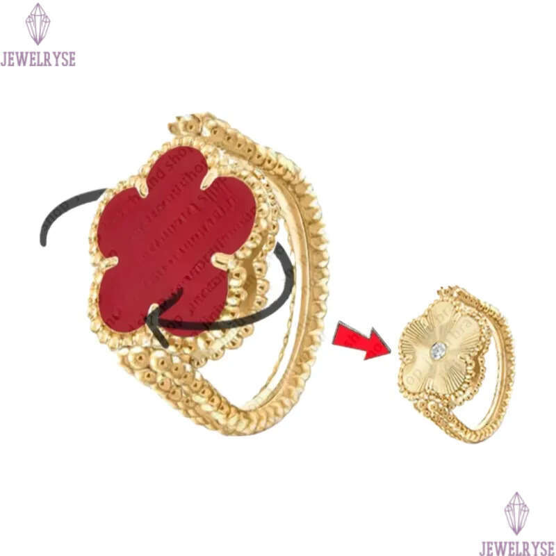 jewelry woman 15mm clover Minimalist lucky flower mother of pearl turquoise rotatable 925 silver rose gold jewelery luxury designer ring