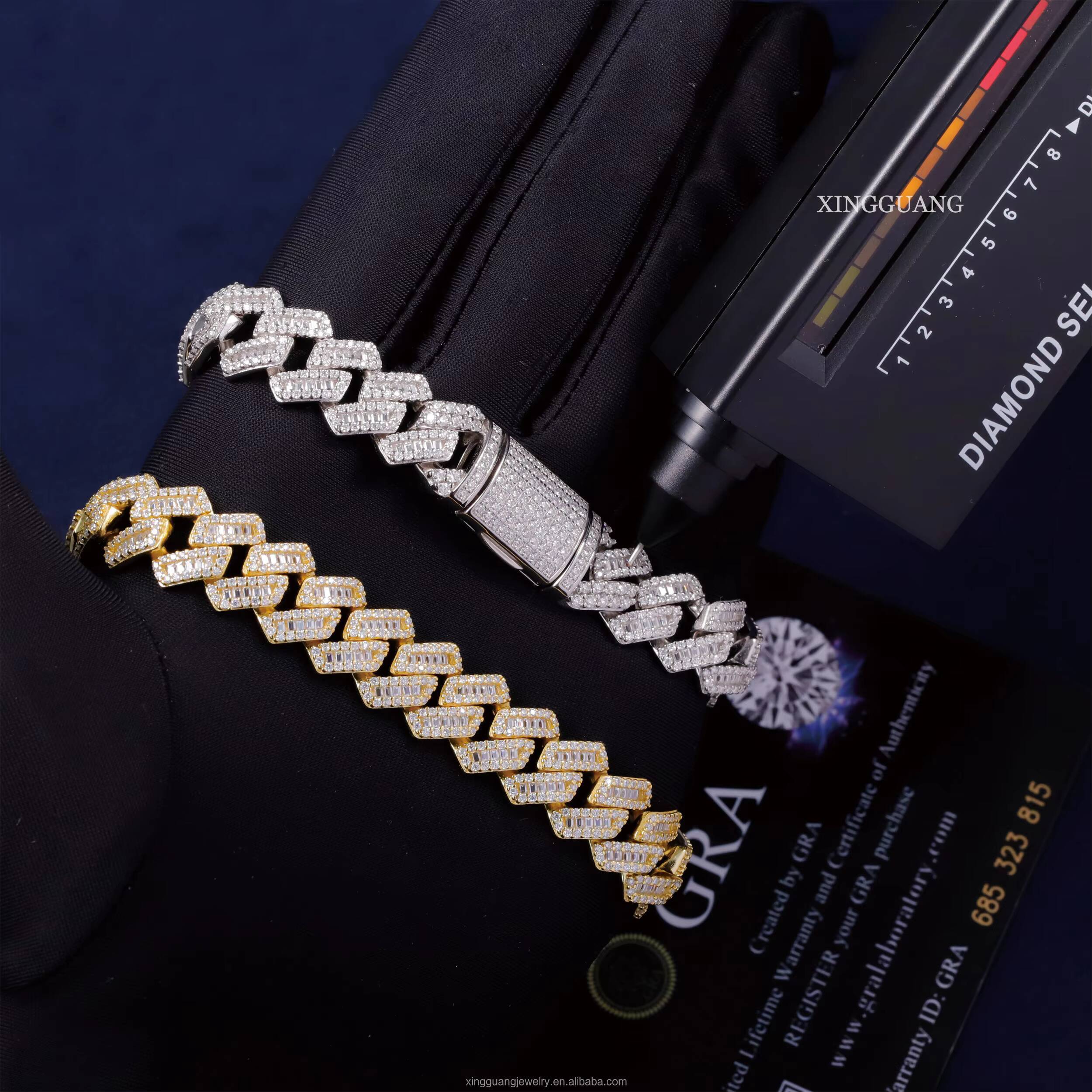 XingGuang 13mm Moissanite Cuban Link Chain VVS Baguette 925 Silver White Gold Plated Bracelet Hip Hop Cuban Chain