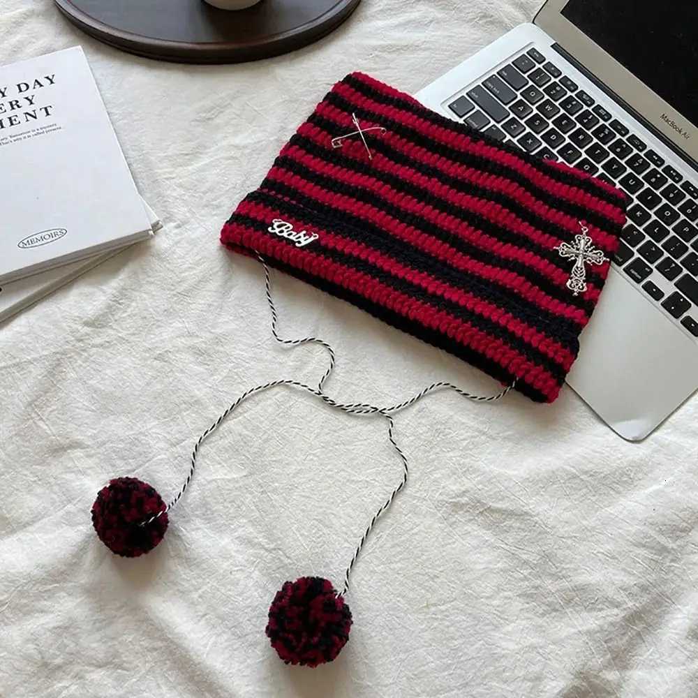 Luxury Y2K Beanie Hat Ins Devil Ear Striped Knitted Wool Cap Autumn Winter Hip-hop Crochet Cute Cat Ears Pointed Pullover Womens Hats Y251209