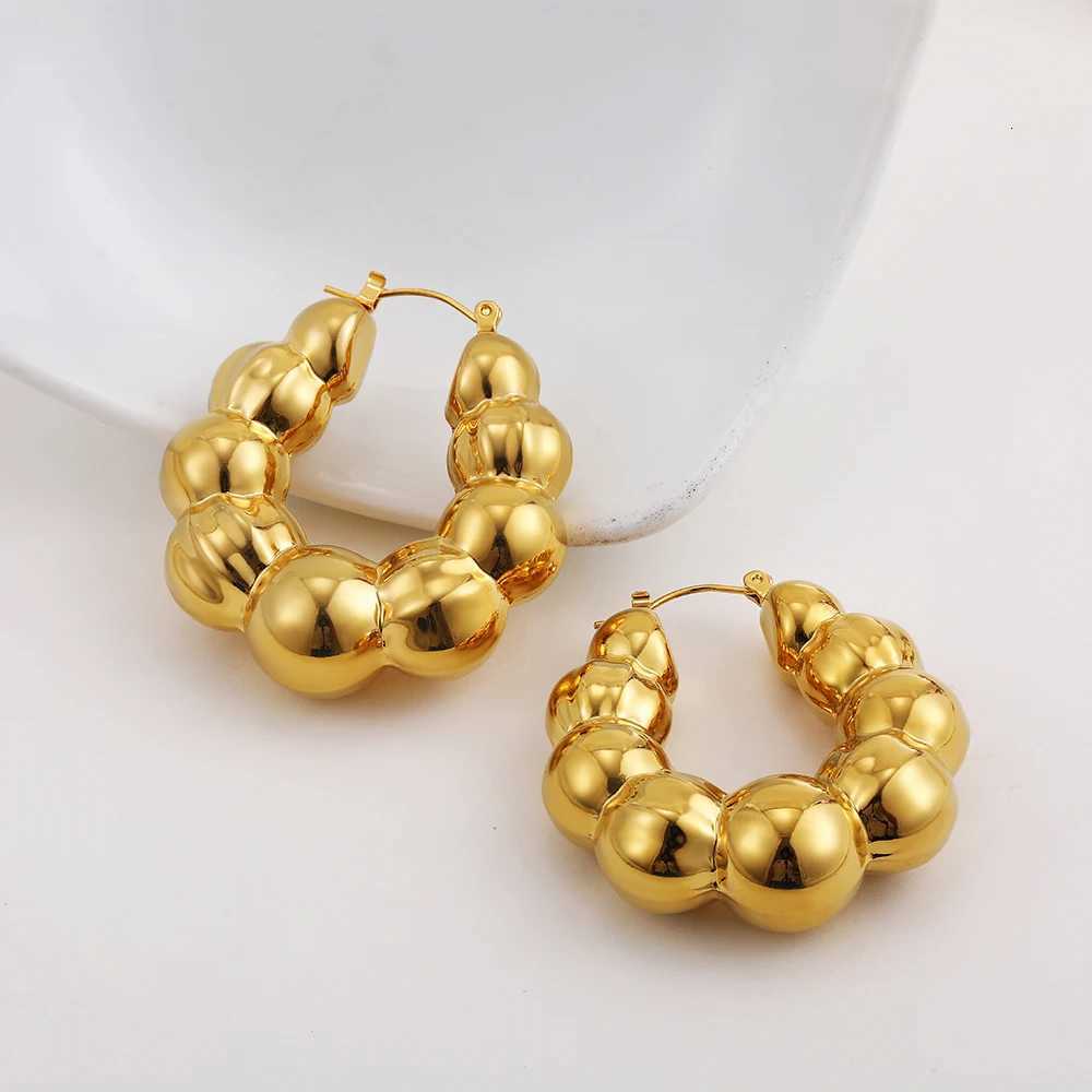 Vintage Punk Gold Plated Large Round Beaded Chunky Hoop Earrings for Women Lightweight Stainless Steel Hoops Statement JewelryXJ251210 - view 6