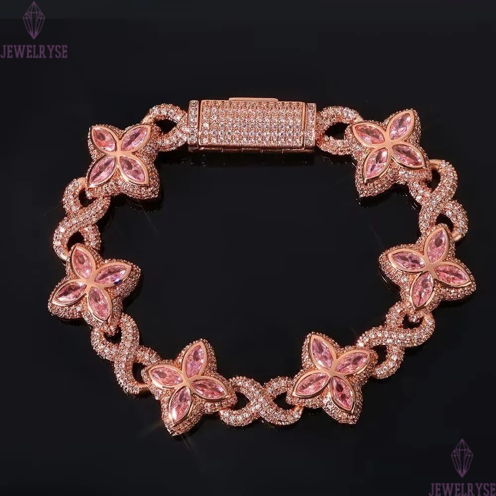 Eskeem Hip Hop Bracelet New Design Infinite Miami Cuban Link Chain Four Leaf Clover Iced Out Diamond Flower Cross for Women Men