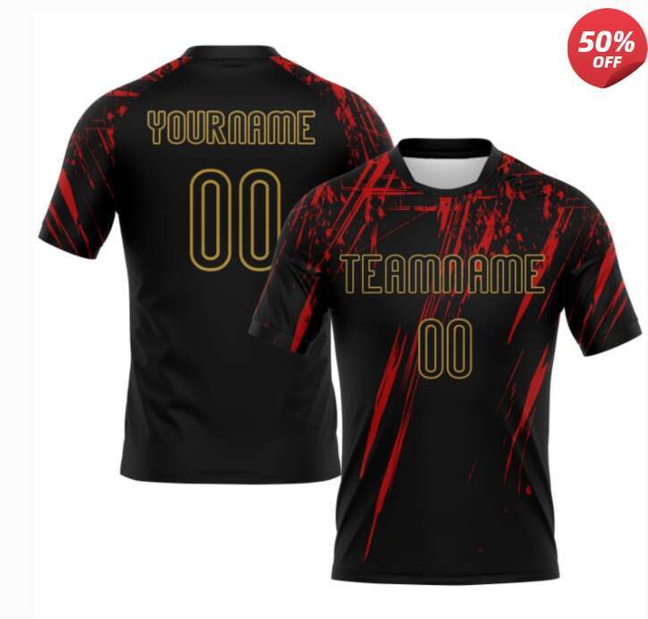 Custom Black Red-Old Gold Splash Sublimation Volleyball Uniform Jersey25 26