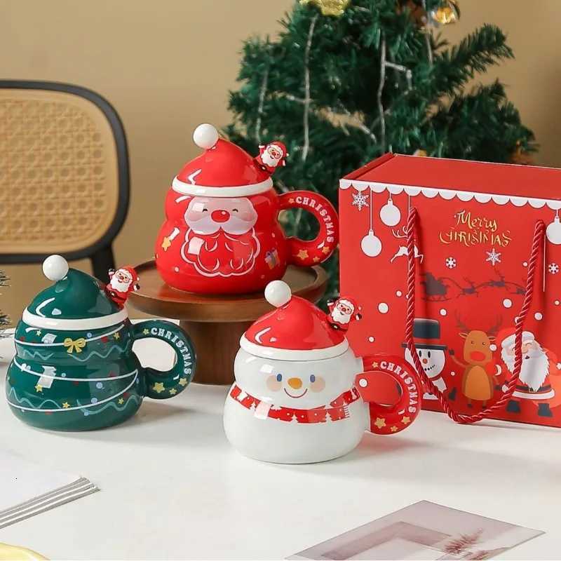 Christmas Ceramic Cup with Lid Spoon Large Capacity Cartoon Christmas Mug Home Holiday Atmosphere Gift C251210