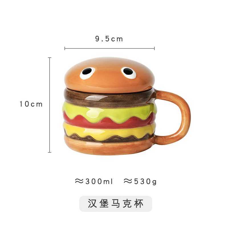 300ML Coffee Mugs Creative Hamburger Shaped Water Cup with Lid Cute and Cute Breakfast Cup Large Capacity Ceramic Hamburger Mug C251210