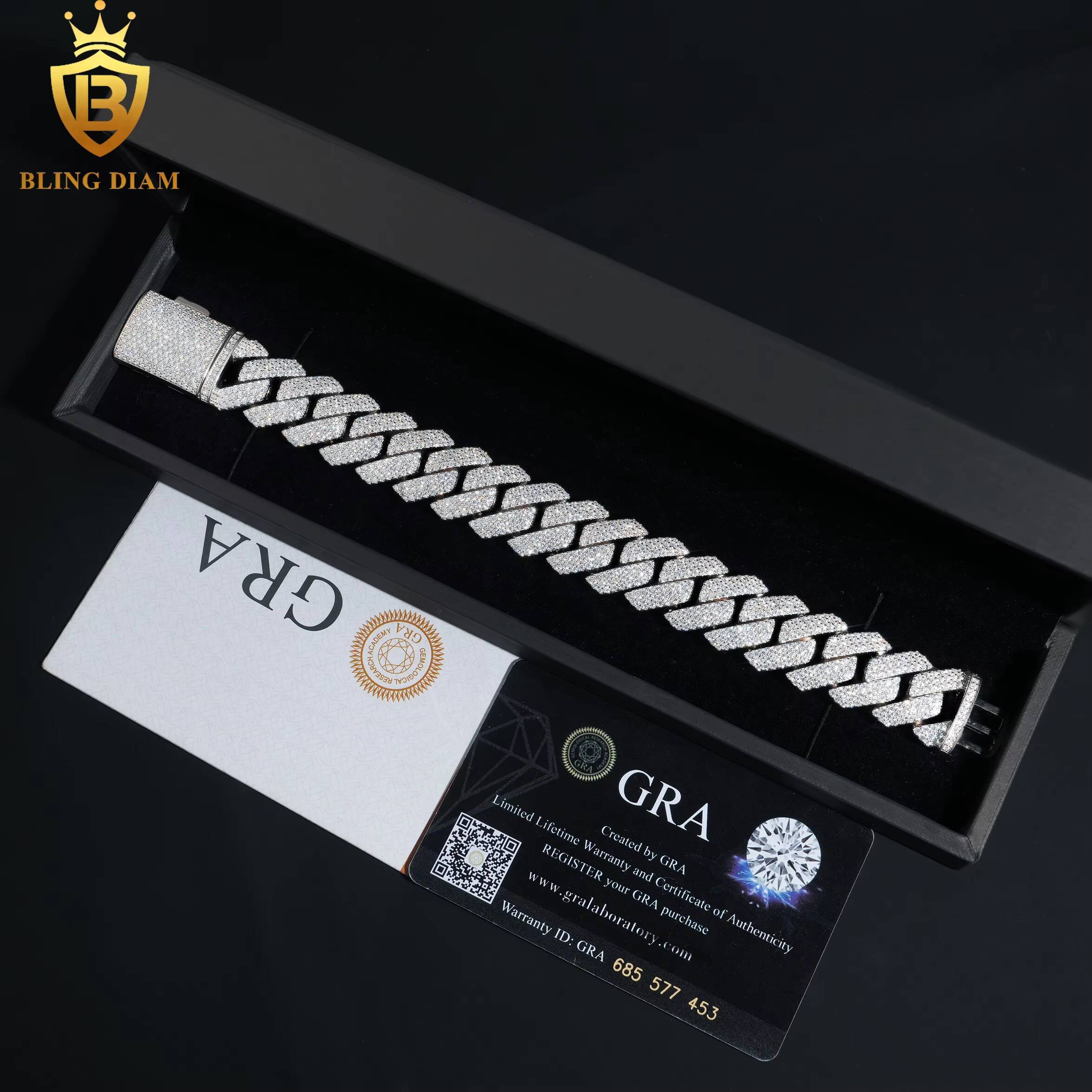 18mm Hip Hop Miami Cuban Link Chain 3Rows 925 Sterling Silver Vvs Moissanite Iced Out Bracelet