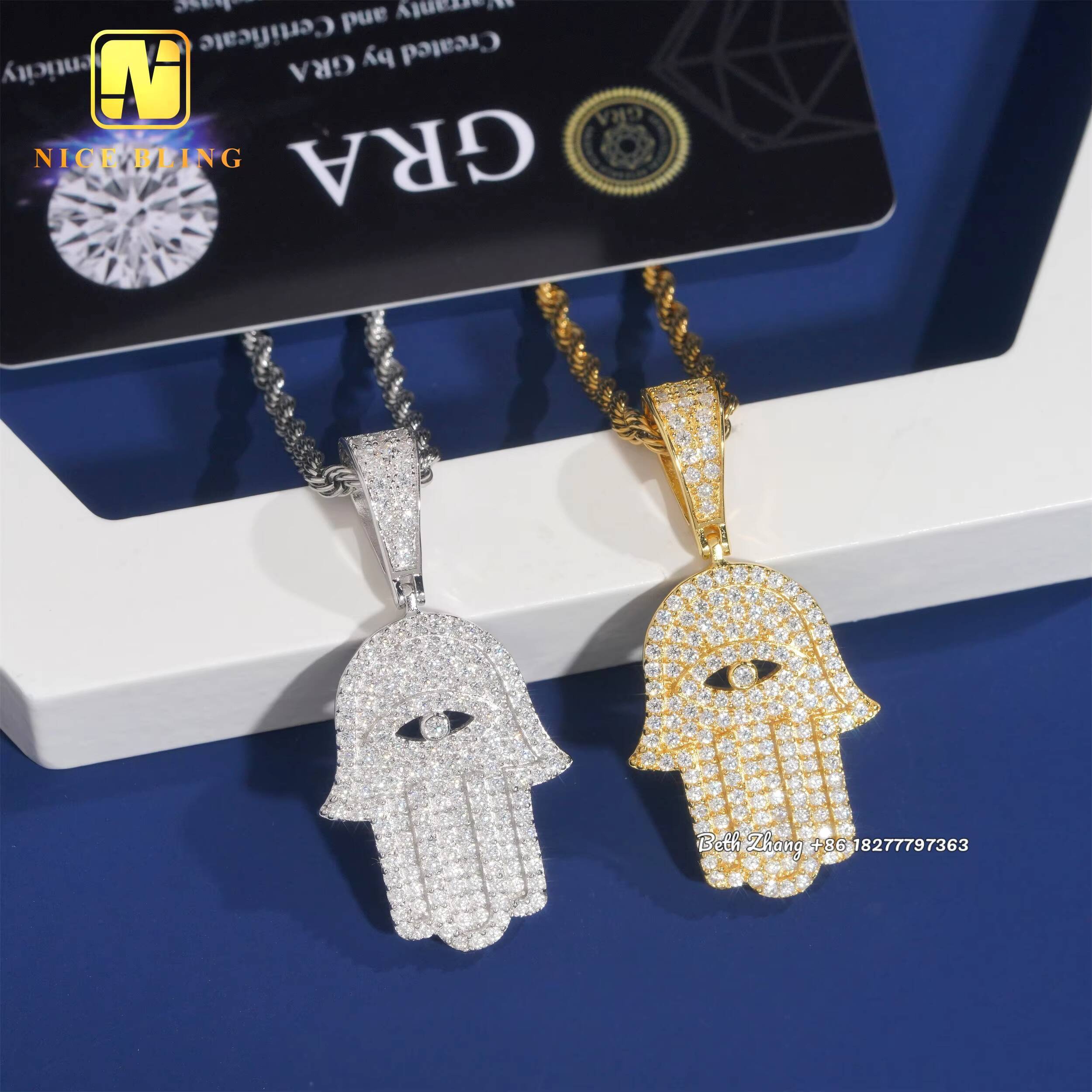 925 Sterling Silver Pendants Hip Hop Jewelry Moissanite Hamsa Hand Charm Pendants
