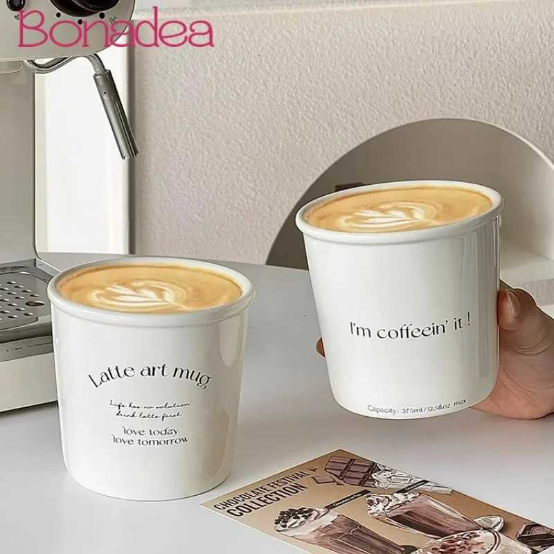 Paper Cup Shape Ceramic Mug Rolled Edge Coffee Mugs Nordic Style Letter Latte Ceramic Mugs Home Cafe Tools C251210