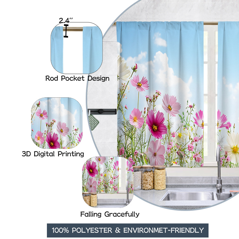 YL-37927 Spring Floral Digital Print Kitchen Filter Curtain Living Room Cafe Bathroom Short Curtain Rod