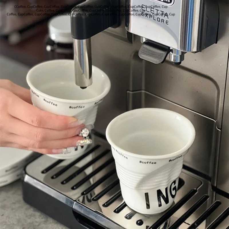 67oz Korean Style Cups and Mugs Coffee Mug White Ceramic Nordic Wrinkle Cup 200ml Drinking Coffe Tumbler English Letter Gift C251210
