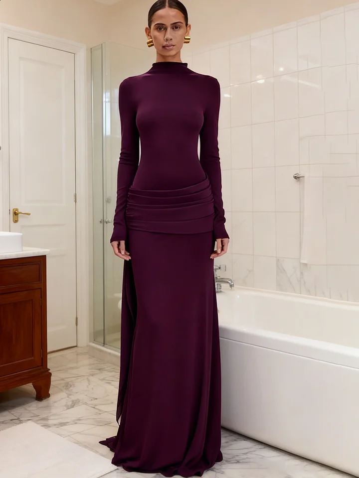 JULISSA MO Womens Turtleneck Maxi Long Sleeve Skinny High Waist Ribbon Detail - Elegant Winter Party Evening Dress C260312