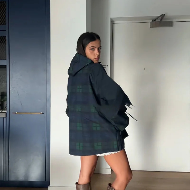 Retro Trendy Plaid Jacket Loose Casual Chic Coat Stand-collar Hoodie Autumn Outerwear Womens Street Wear 251210