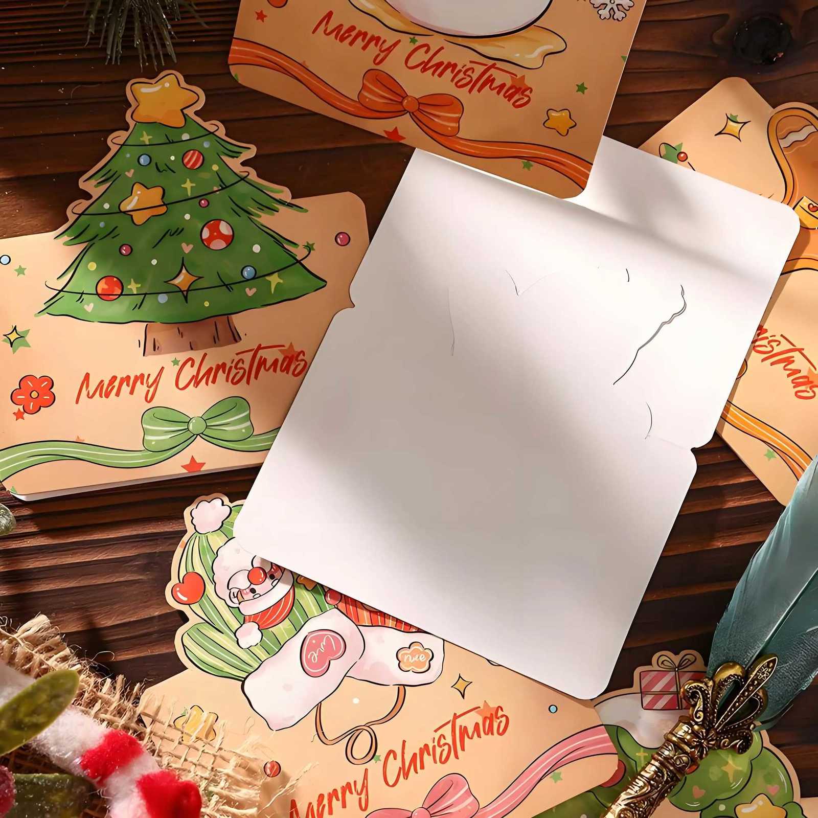 10/30pcs Retro Cartoon Christmas Cards 3D Stereo Greeting Cards Handwritten Xmas Cards Holiday Decor Cards Festival Gifts H251210