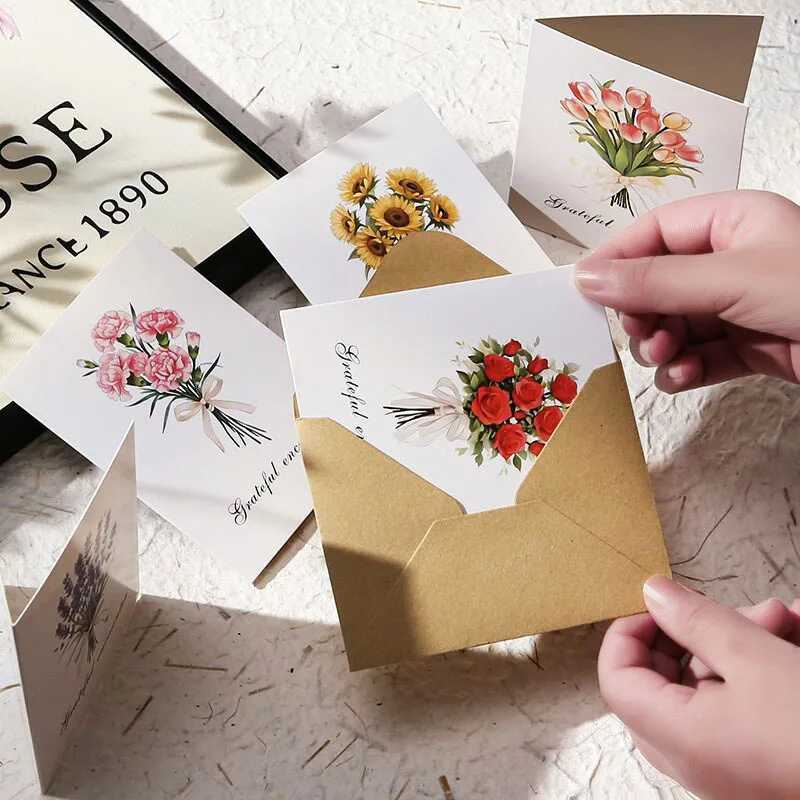 1/4/8 sets Flower Bouquet Cards with Envelopes for Thank You Wedding Vntine Christmas Birthday Parents Wife Tea H251210