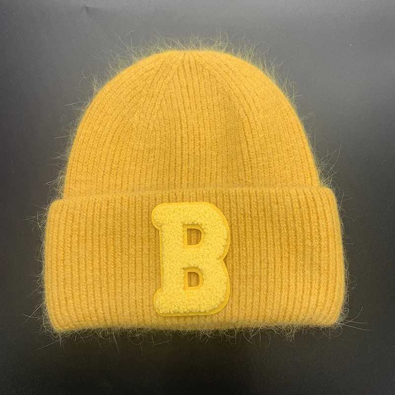 Luxury Real Rabbit Fur Womens Knitted Hat Trendy Letter B Winter Hats Warm Beanie Bonnet Outdoor Lady Wool Skullies Beanies Caps Y251209