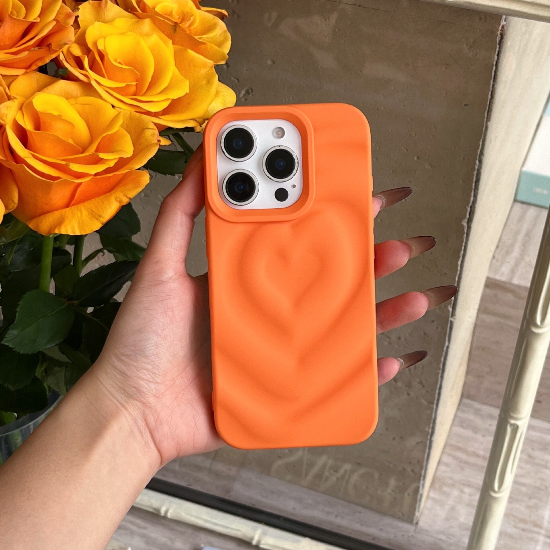 3D Heart Orange Compatible with iPhone 17 Apple 16 Pro Max Phone Case Solid Color Matte 15 Niche 14 Soft