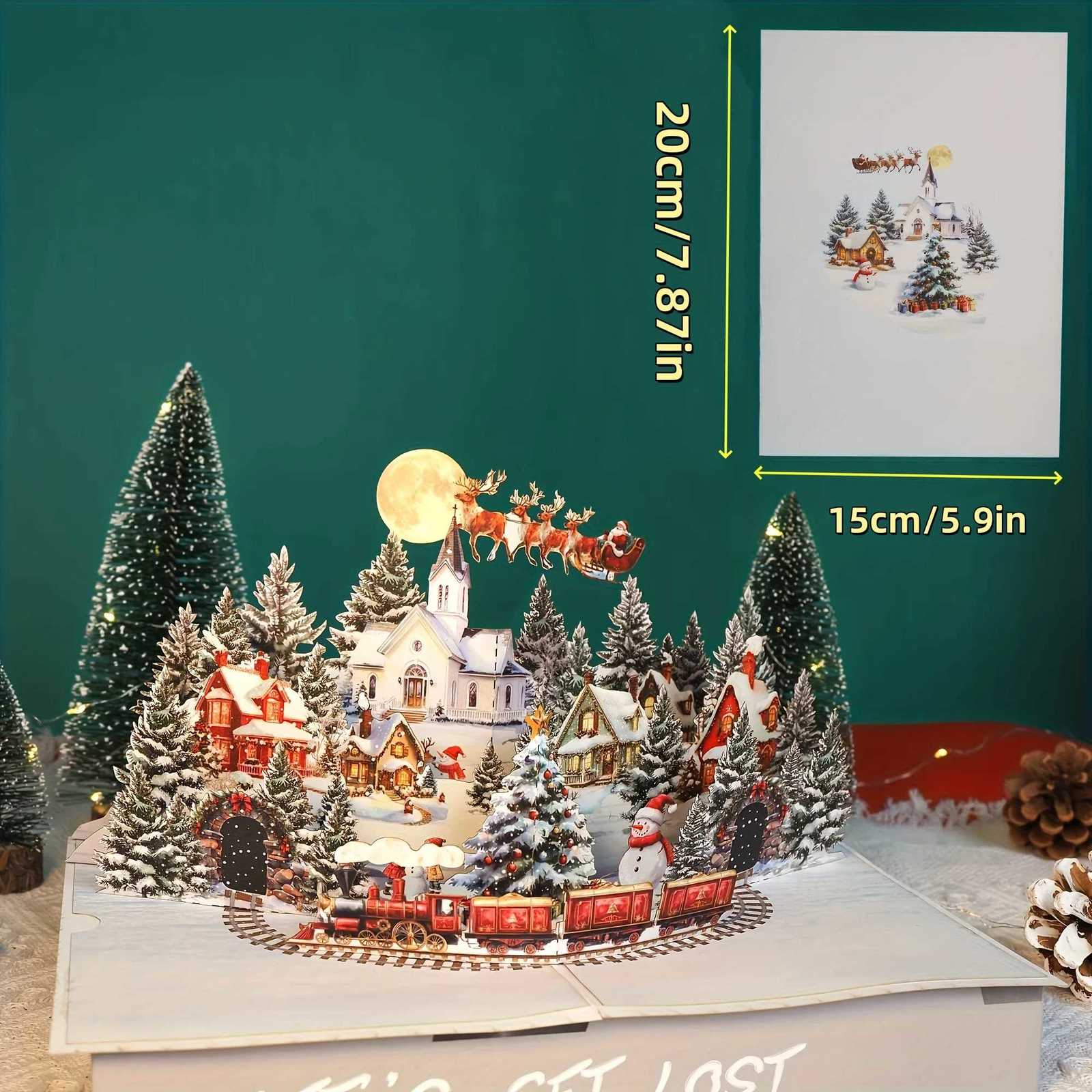 3D -Up Christmas Card with Santa Reindeer-Festive Snowy Village Holiday Greeting Card for Family Friends Moonlit Design H251210