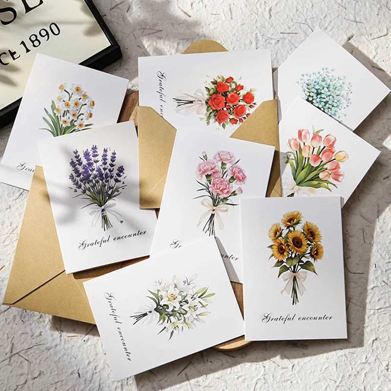1/4/8 sets Flower Bouquet Cards with Envelopes for Thank You Wedding Vntine Christmas Birthday Parents Wife Tea H251210