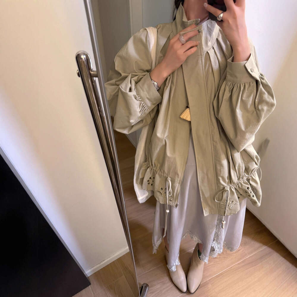 South Korea Autumn New Korean Style Design Stand Collar Flower Bud Hollow Drawstring Trench Coat Short Jacket For Women B5
