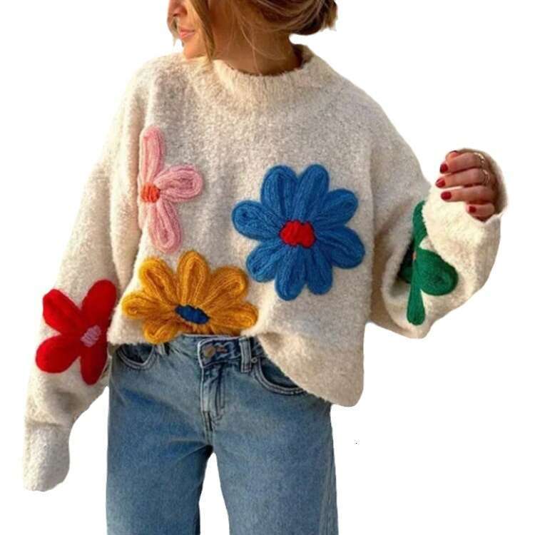 Long Sleeved Outwear Warm Loose Jumper Streetwear Women's Knit Casual Sweaters Flowers Decorative Top Pullovers Knitwear