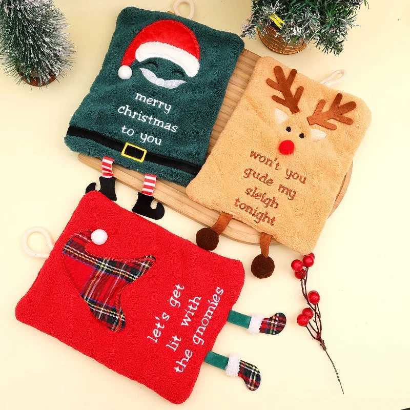 Christmas Hand Towel Christmas Coral Fleece Towel Kitchen Absorbent Drying Rag Xmas Cartoon Hand Towel Thickened Hanging Cloth C251210