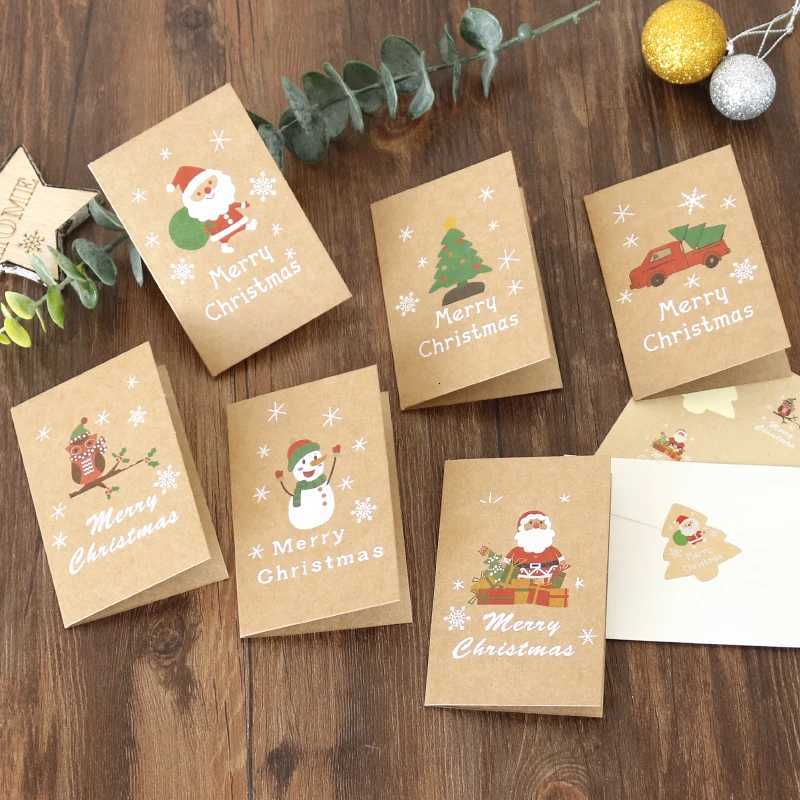 6Sets Christmas Greeting Cards Vintage Kraft Gift Card with Envelope Sticker Santa Claus Reindeer Assorted Holiday Postcard H251210