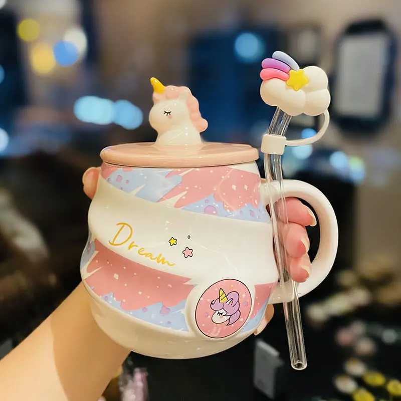 400ml Cute Unicorn Ceramic Cup Ins High Beauty Coffee Mug with Spoon Straw Box Dust Plug Small Summer Couple Water Cups Gift C251210