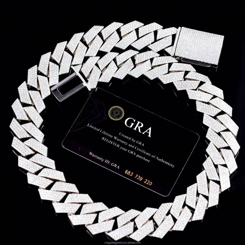 XingGuang Custom Jewelry 925 Silver Chain24mm 4rows VVS Ice Diamond Link Moissanite Cuban Necklace