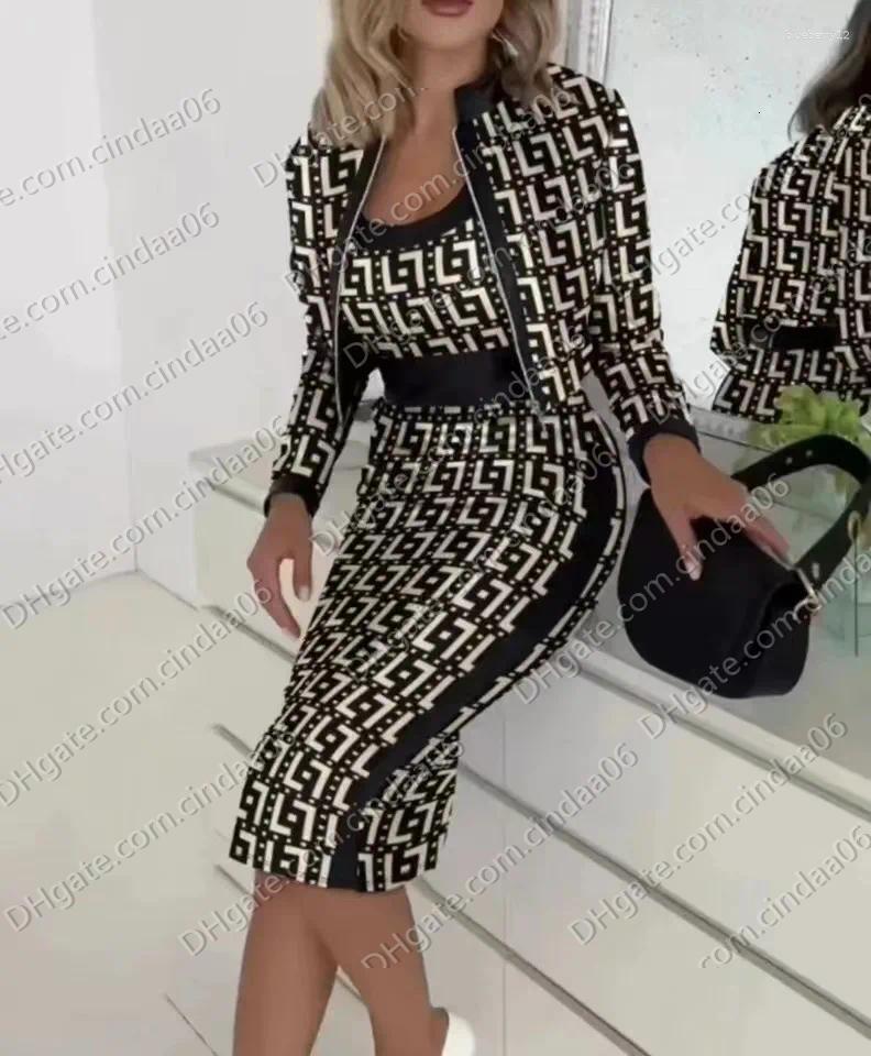 Casual Dresses 3 PCS For Women Fashion Dress Suits Autumn Winter Top And Skirt Sets Elegant Office Print With Coat Three Piece Suit