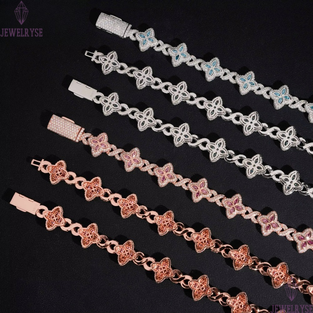 15mm Iced Out Hip Hop Jewelry Bracelet 925 Solid Silver Marquise Diamond VVS D Moissanite Cuban Link Chain Clover Necklace