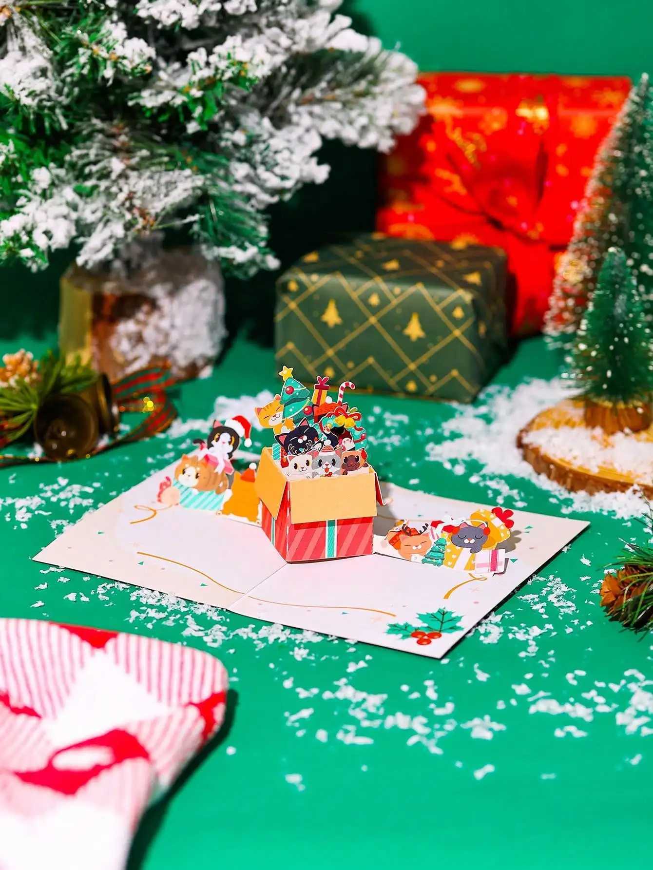 Christmas Kitty -Up Card - 3D Greeting for Her Merry Christmas Gift with Cat Pattern H251210