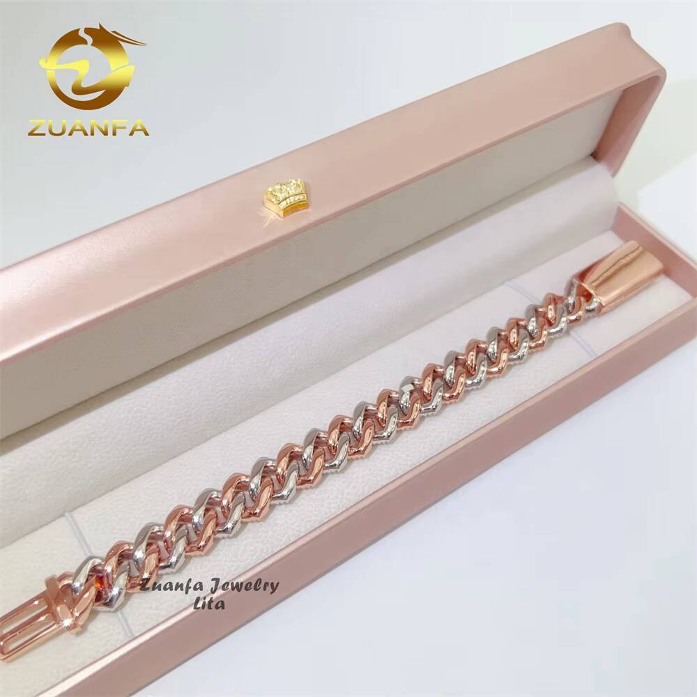Custom 14mm Moissanite Jewellery Two Tone Rose Gold Cuban Link Chain Men Moissanite Cuban Link Bracelet